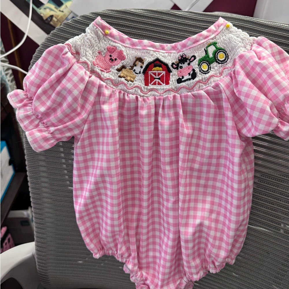 Pink Gingham Baby Romper with Farm Embroidery